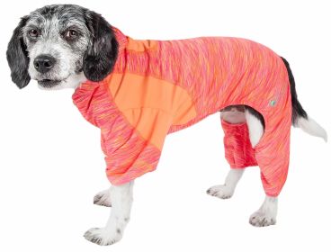 Pet Life Active 'Downward Dog' Heathered Performance 4-Way Stretch Two-Toned Full Body Warm Up Hoodie (Color: Orange, size: large)